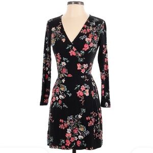 LOFT Black Floral Wrap Long Sleeve Dress
